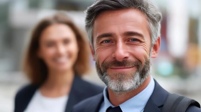 Confident Gaze: A striking individual with a warm smile, exudes confidence and charm. In the background, another figure adds depth to the scene, implying partnership.
