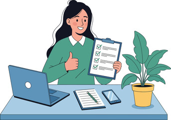 Smiling woman in a green sweater holding a completed checklist and giving a thumbs up gesture.