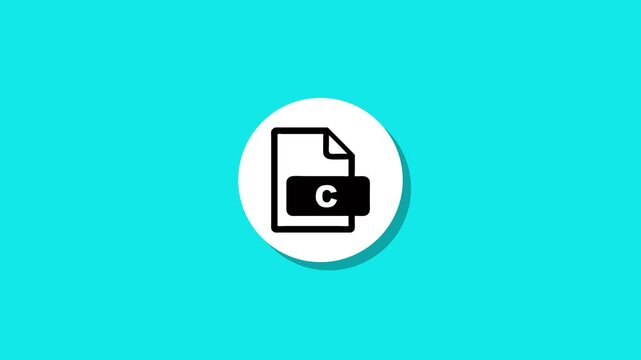 Animated white circle icon transitions to file with letter c symbol on bright cyan background