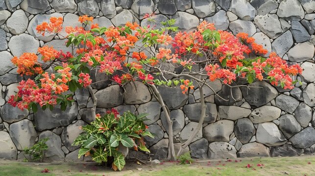 Orange and Red Orchid Tree Against Stone Wall, Vibrant Flowers