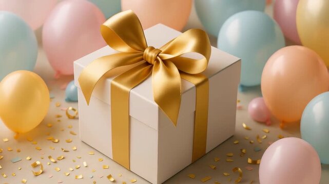 Wrapped with Love: A beautifully wrapped gift box sits surrounded by colorful balloons, sparkling with anticipation and joy. The image evokes feelings of excitement, and celebration. 