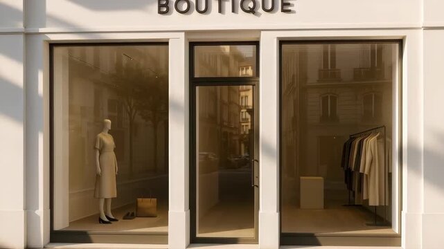 Elegant Boutique Entrance: A sophisticated boutique storefront exudes minimalist charm, showcasing a tasteful display of fashion and accessories behind pristine glass windows.