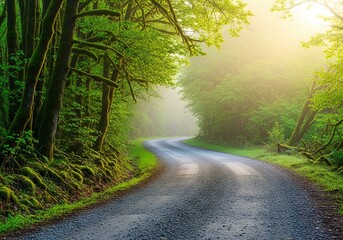 Fototapeta premium Soft morning light touches a solitary gravel forest road surrounded by mist and dense trees, capturing the essence of the new year's earliest dawn, new, landscape, awakening