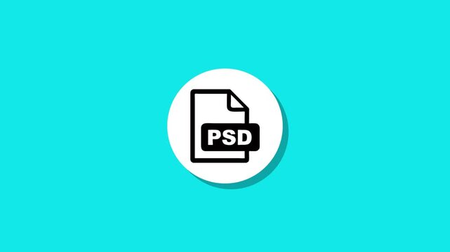 Animated graphic icon shows psd file on circle with shadow over cyan background