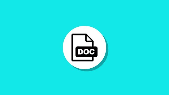 Flat style document icon animation representing word doc file format on bright blue background with shadow effect