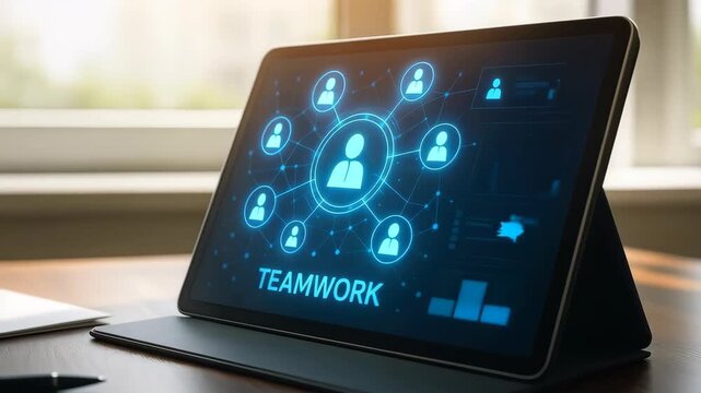 Teamwork Connection: A digital tableau displays a network of connected individuals representing teamwork, collaboration and synergy, promoting productivity and mutual success.