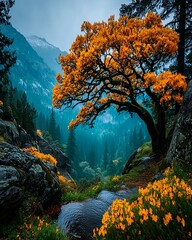 Mystical forest ambience with glowing fall leaves emerging from cool toned fog and shadow