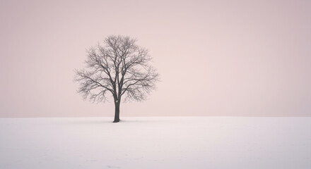 Fototapeta premium Bare Tree in Snowy Field with Muted Pink Sky Minimalist Landscape