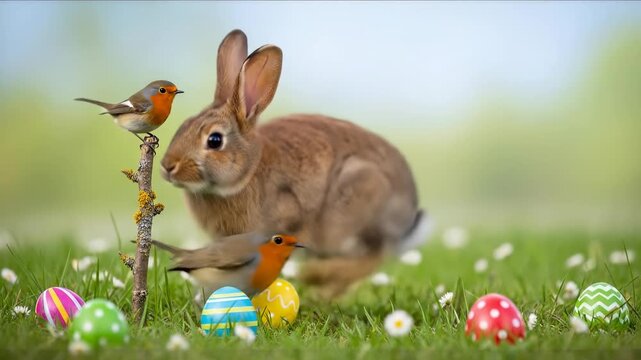 Little rabbit and robin bird with vibrant decorated Easter eggs in green spring grass