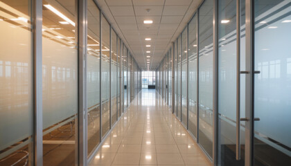 Blurred office hallway with glass walls and neutral colors creates a sense of space. Professional photos for backgrounds for text, banners, posters, and web displays. High quality