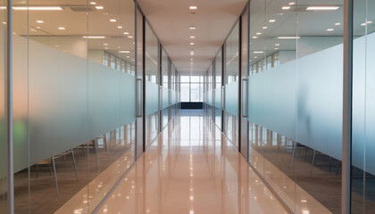 Blurred office hallway with glass walls and neutral colors creates a sense of space. Professional photos for backgrounds for text, banners, posters, and web displays. High quality