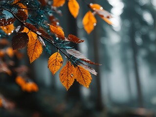 Seasonal nature background with rain soaked autumn leaves and soft focus evergreen forest scenery