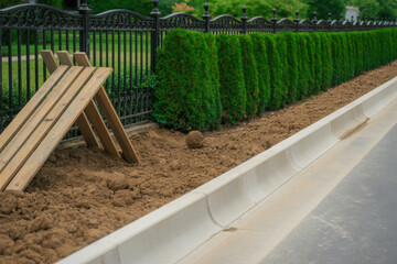 Freshly installed curb separates green bushes and bare soil from asphalt road in city park, concept of urban landscaping and renewal.
