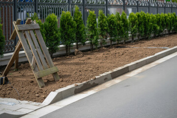 Freshly installed curb separates green bushes and bare soil from asphalt road in city park, concept of urban landscaping and renewal.
