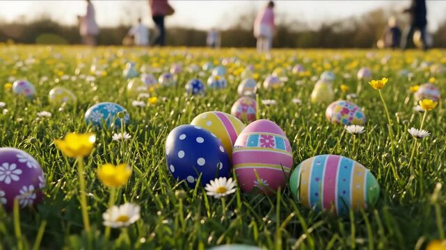 Children playing outdoor Easter egg hunt in a sunny spring field with colorful decorated eggs and wildflowers