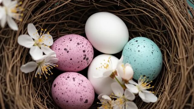 Easter eggs in nest with cherry blossoms on blue background celebrating spring holiday