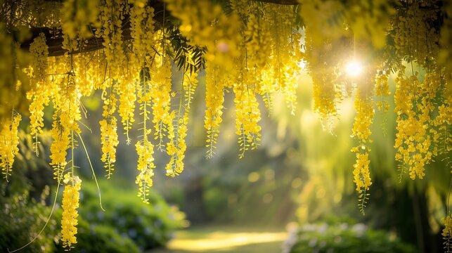 Golden Laburnum blossoms cascade in sun-drenched garden, vibrant spring scene