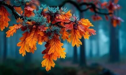 Moody woodland scene with saturated autumn leaves in sharp focus and dreamy blurred trees behind