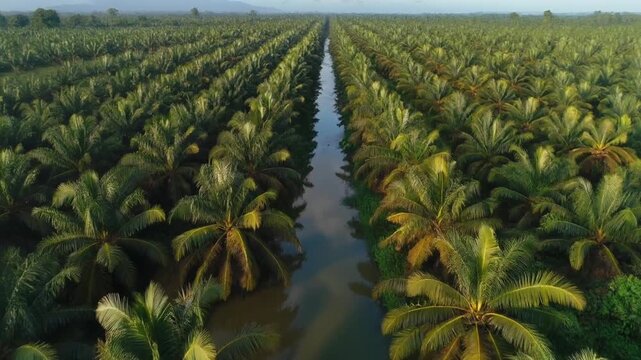 Aerial View of Palm Oil Plantation with Water Channel: Orderly Rows of Lush Green Trees Flanking Narrow Waterway Leading to Horizon