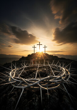 Crown Of Thorns Silhouette With Three Holy Crosses During A Golden Sunset