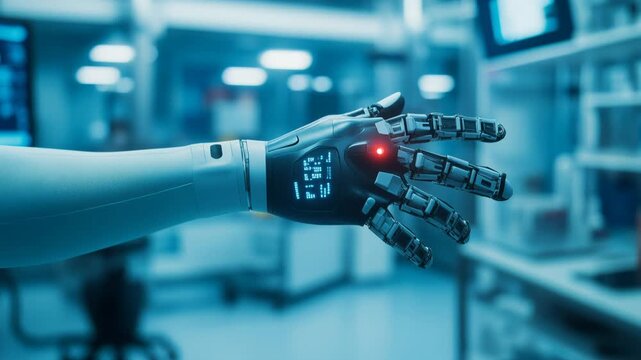 gloved hand holographic circuitry on bench, researcher in white coat reaches toward electronic components and test vessels, blue neon illumination casts