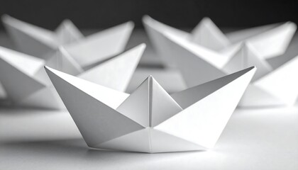 Group of paper boats in monochromatic photography, representing teamwork and forward movement