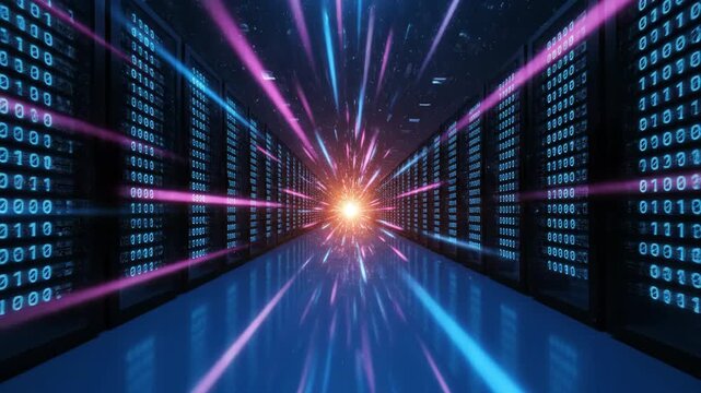 Abstract digital data center tunnel with blue and pink light streaks speeding through server racks with binary code.