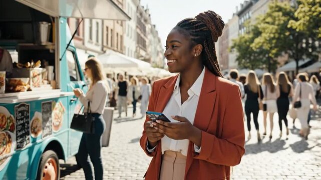 Woman Using Smartphone on Busy City Street.