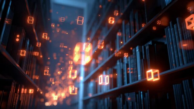 bookshelves in library, modern library with digital catalog