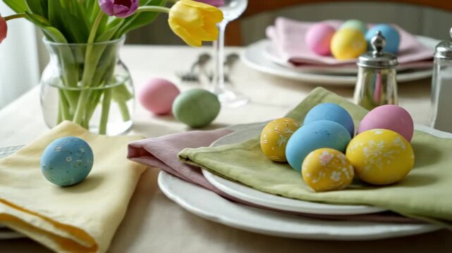 Colorful Easter eggs arranged on table with flowers and napkins in background