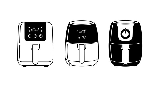 A detailed illustration of three air fryer designs with digital displays and various control panels