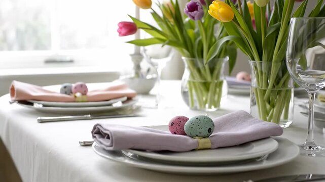 Easter table setting with colorful tulips and decorative eggs on plates