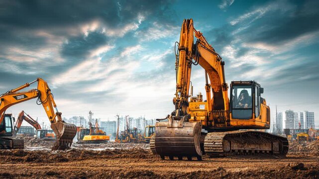 Yellow Excavator loader machine at the construction site. Industry mining banner. Industrial background with technique, sunlight. Crawler in the coal mine, loads the breed. Mining truck machinery.