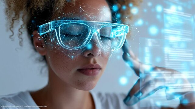 woman working with virtual computer, futuristic background