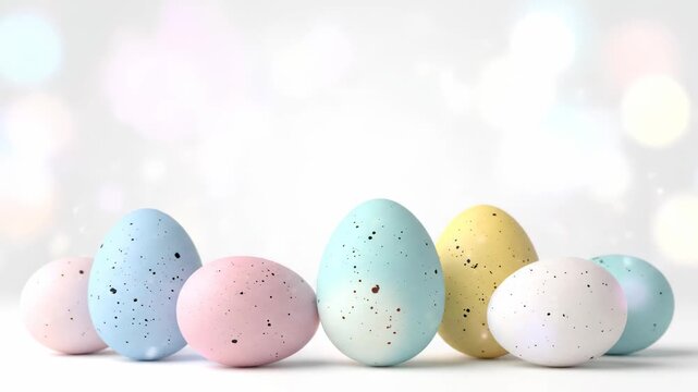 Colorful decorative eggs arranged in a row with soft bokeh background