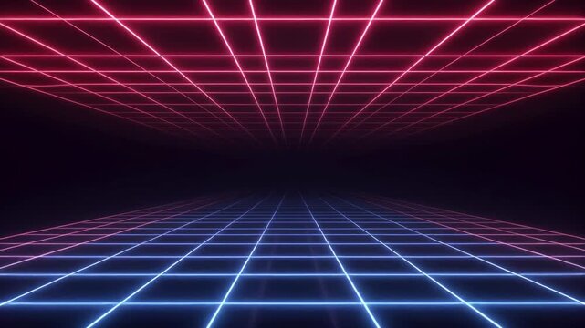 Futuristic 80s synthwave neon grid background loop with glowing blue floor and pink ceiling lines in dark cyberspace