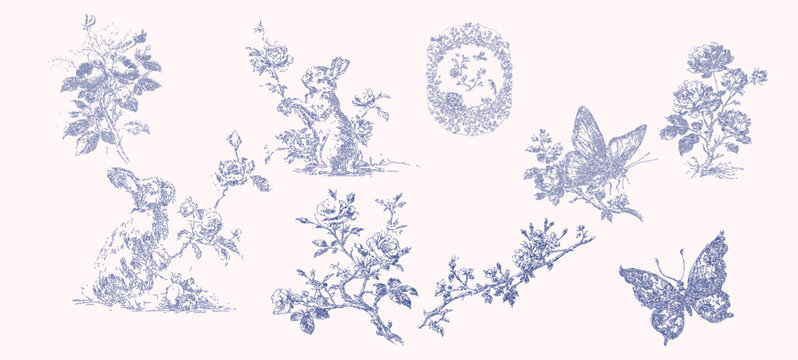 Floral bunny baroque line art clipart