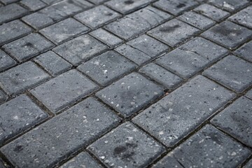 A close-up view of concrete pavement surface, showcasing interlocking pavers arranged in a diagonal pattern