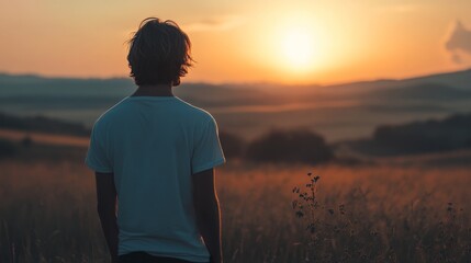 A young man stands in a field, gazing at the sunset over rolling hills.