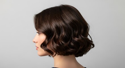 Fototapeta premium Profile of a young woman with wavy brown hair and subtle makeup, looking to the left against a neutral background