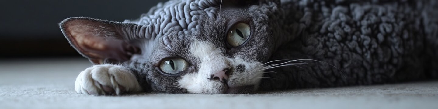 Adorable Close-Up of a Playful Devon Rex Cat with Unique Features in Soft Grey Tones and Details