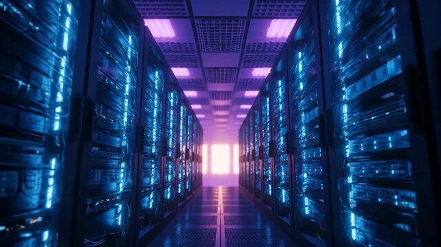 Futuristic server room with rows of blue lit servers and a purple ceiling.