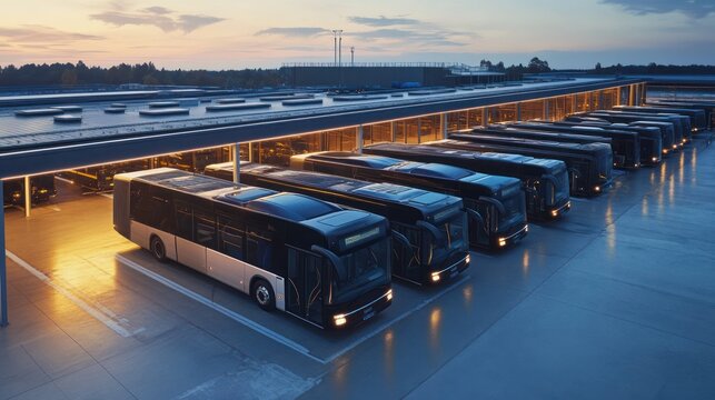 Modern Electric Buses at Dusk: Illuminated Depot, Clean Energy, Transportation.