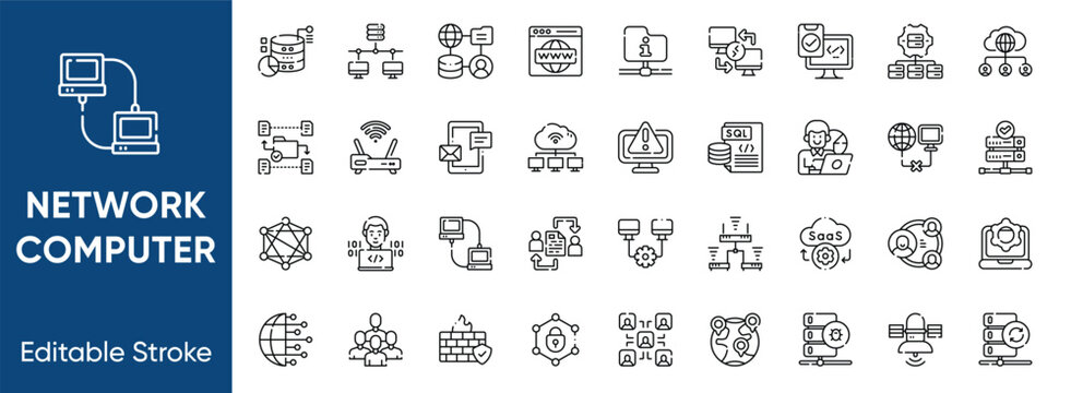 Network computer and server line icons set including database, cloud hosting, wireless router, internet security, and system hardware symbols
