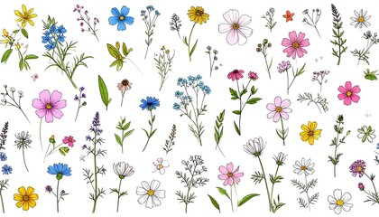 A vibrant collection of diverse wildflowers in various sizes, shapes, and colors, artfully arranged on a white background