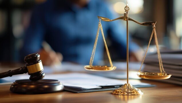 an empty gavel and scales of justice on the desk, with an office worker in a blue shirt working behind it background is blurred to emphasize these objects Generative AI