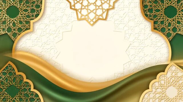 Animated Islamic Background with Golden Arabesque Patterns and Flowing Green Silk