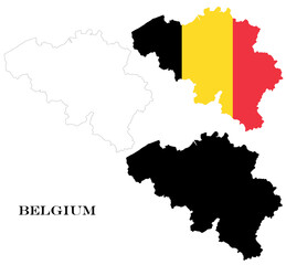Obraz premium Belgium Country Maps Bundle with National Flag, Black Silhouette and Detailed Outline Contours
