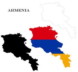Obraz premium Armenia Country Maps Bundle with National Flag, Black Silhouette and Detailed Outline Contours