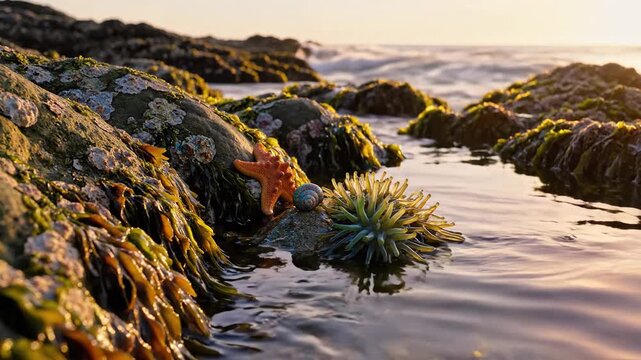 Tide Pool Treasures Starfish with Anemone, and and Shells at Sunset.